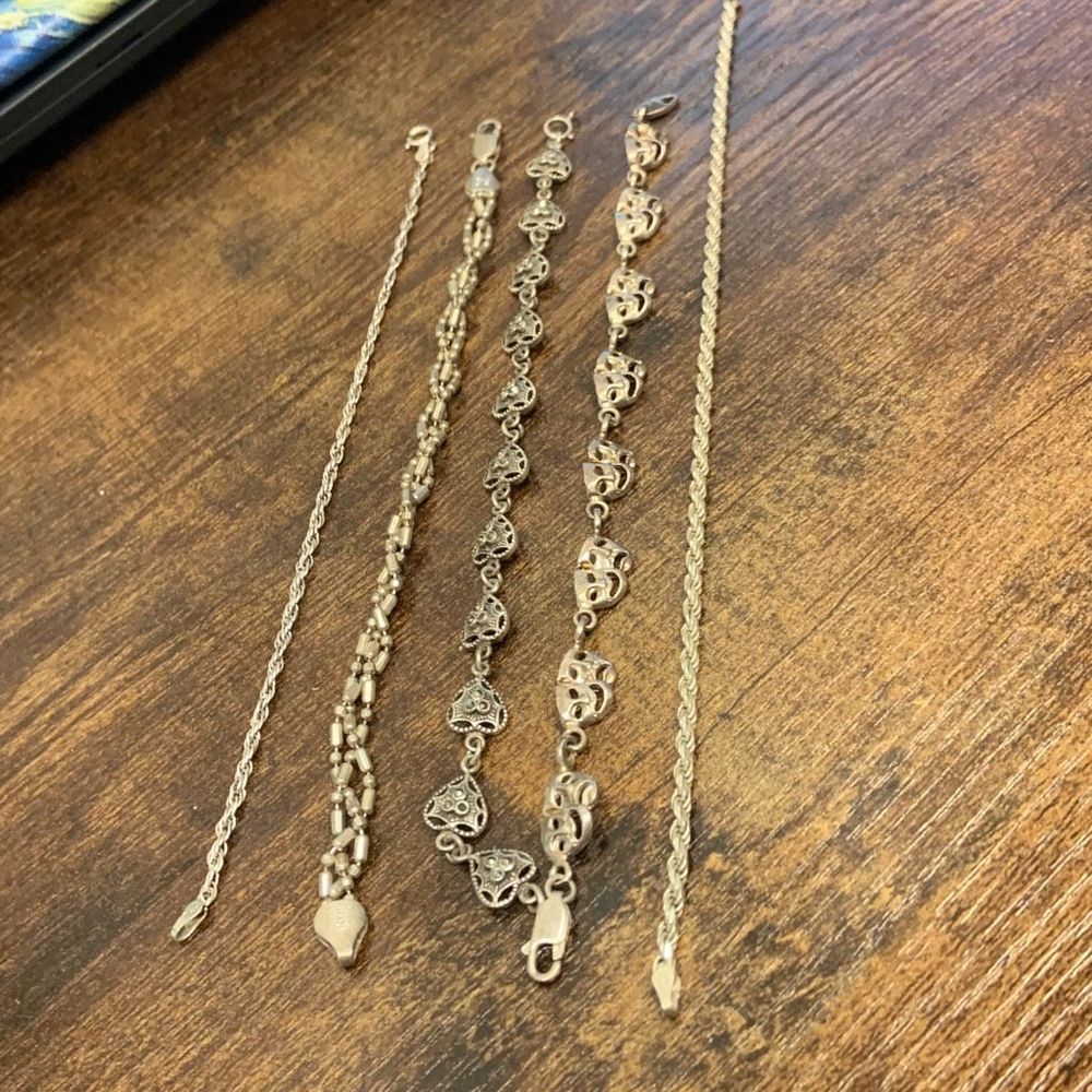 5 Sterling Silver Bracelets, Heart, Drama Face, Chain and Beaded